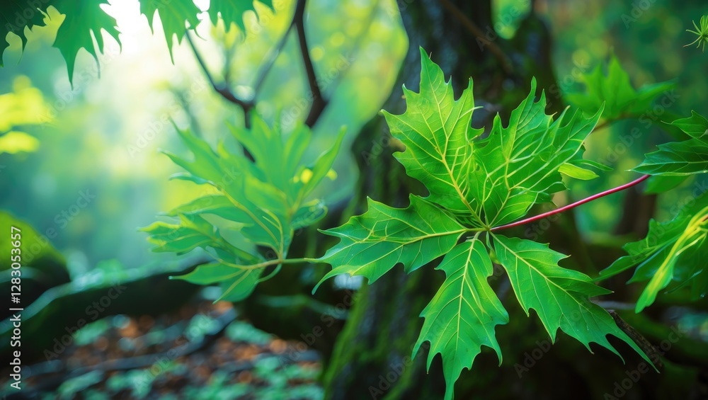 Poster green maple leaves in natural sunlight with blurred background creating a soft focus effect in a lus