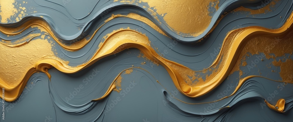 Poster textured abstract background with flowing lines of gold and blue paint in wavy patterns on a flat su