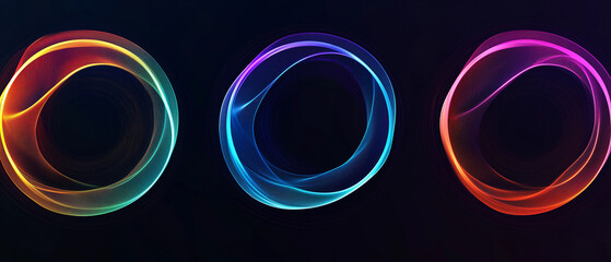 A set of three colorful vector abstract circles on a black background, digital line art, gradient colors, dark neon light blue and purple, orange, and turquoise lines in the shape of circles, with wav