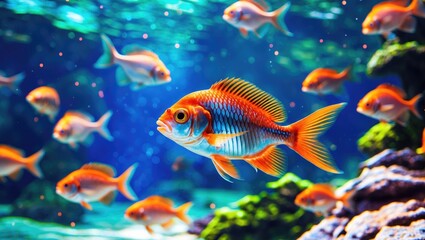 Fototapeta premium Vibrant underwater scene featuring a prominent goldfish surrounded by smaller orange fish in a colorful aquarium setting