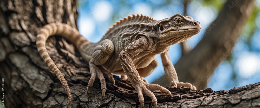 Poster lizard perched on tree branch displaying intricate textures and detailed features in natural outdoor