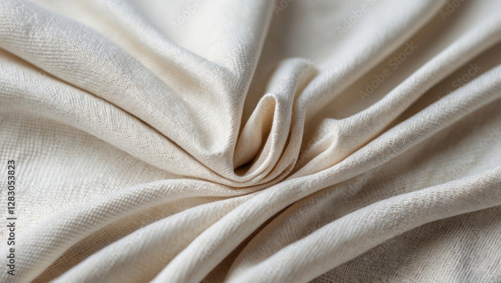 Poster close-up detail of wrinkled beige fabric texture folds with soft lighting highlighting the surface p