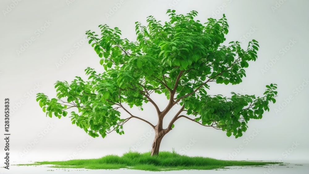 Poster green leafy tree isolated on light background with grass patches surrounding the base of the trunk
