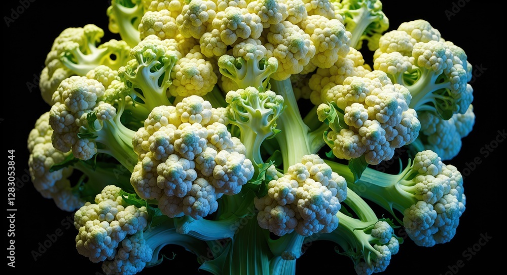 Poster detailed macro shot of fresh cauliflower head with intricate florets on a dark background highlighti