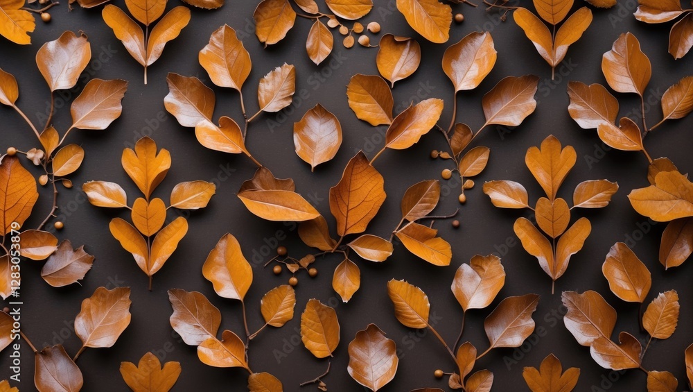 Poster elegant autumn-inspired brown leaf pattern background for design and textile applications. rich text