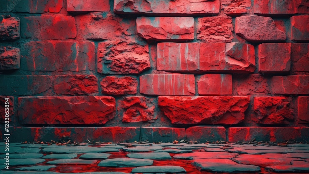 Poster textured stone wall with vibrant red illumination creating shadows and reflections on the ground sur