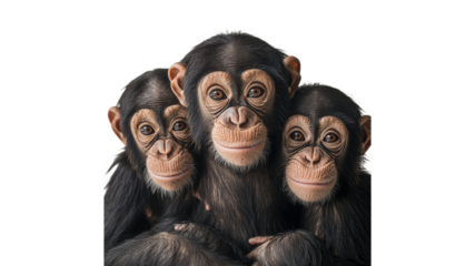 Three young chimpanzees sitting closely together