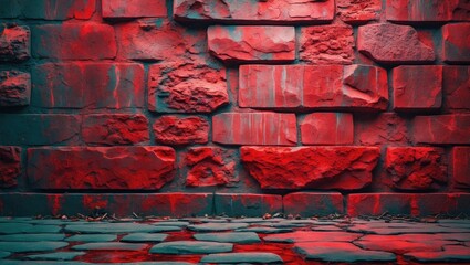 Textured stone wall with vibrant red illumination creating shadows and reflections on the ground surface