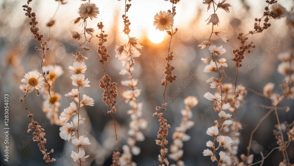 Poster bokeh effect with dried flower garland illuminated by sunset creating a serene and warm atmosphere i