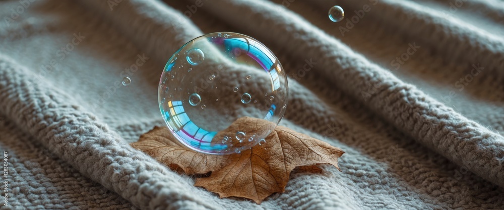 Aufkleber delicate soap bubble resting on a soft blanket with a fallen leaf capturing vibrant reflections and 