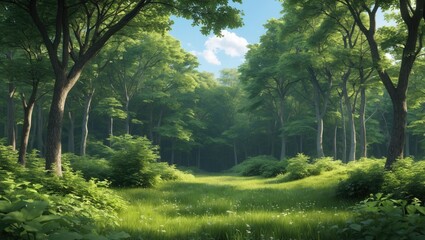 Obraz premium Lush green forest landscape with dense trees and grasses under blue sky with fluffy clouds