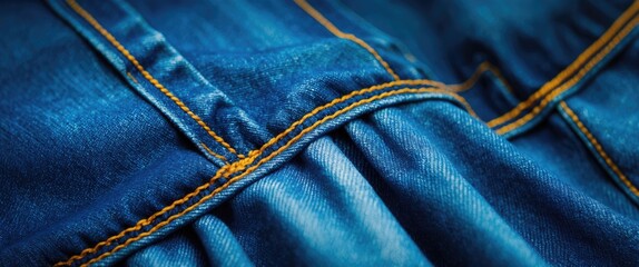 Naklejka premium Close-up of blue denim fabric showcasing intricate seam details and texture for fashion and textile design concepts.