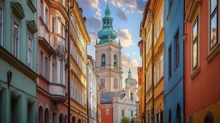 Fototapeta premium majestic old city with a historic landmark church and a tall tower surrounded by narrow streets and beautiful vintage architecture under a cloudy sky
