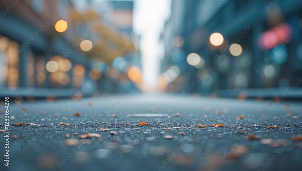 Poster blurry city street view with fallen leaves and a soft bokeh background creating an atmospheric and t