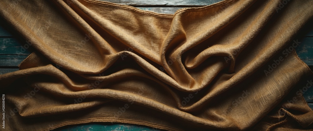 Poster textured brown burlap fabric elegantly draped on rustic wooden table surface with ample negative spa