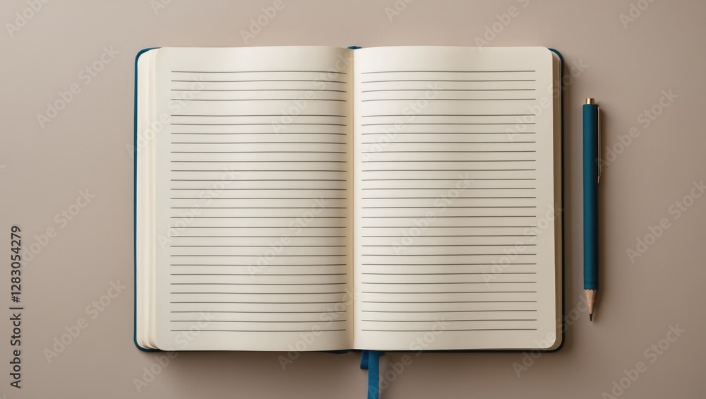 Poster open blank notebook with horizontal lines and a blue pen on a neutral background for note-taking and