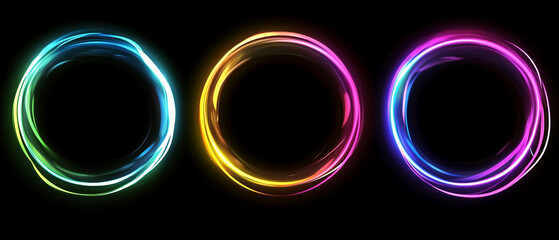 A set of round, glowing light halos on a black background, in multicolor