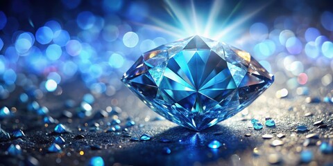 Sparkling blue diamond at close-up, showcasing its facets and luster as it catches the light's gentle rays, revealing intricate patterns and colors , gemstone, precious