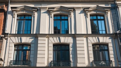 Obraz premium Elegant building facade with decorative windows showcasing architectural detail in sunlight, ideal for real estate and architectural themes.