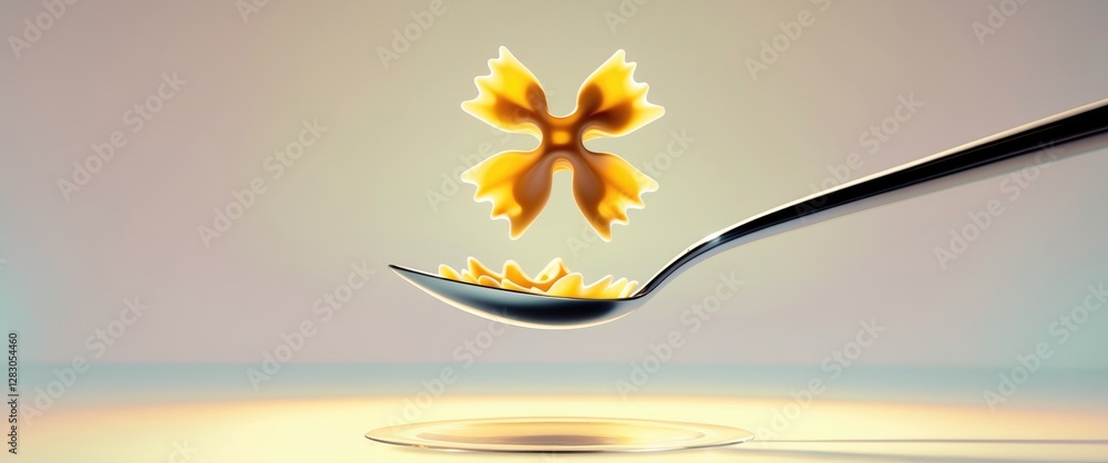 Poster farfalle pasta floating above a silver spoon with soft gradient background and subtle reflections on