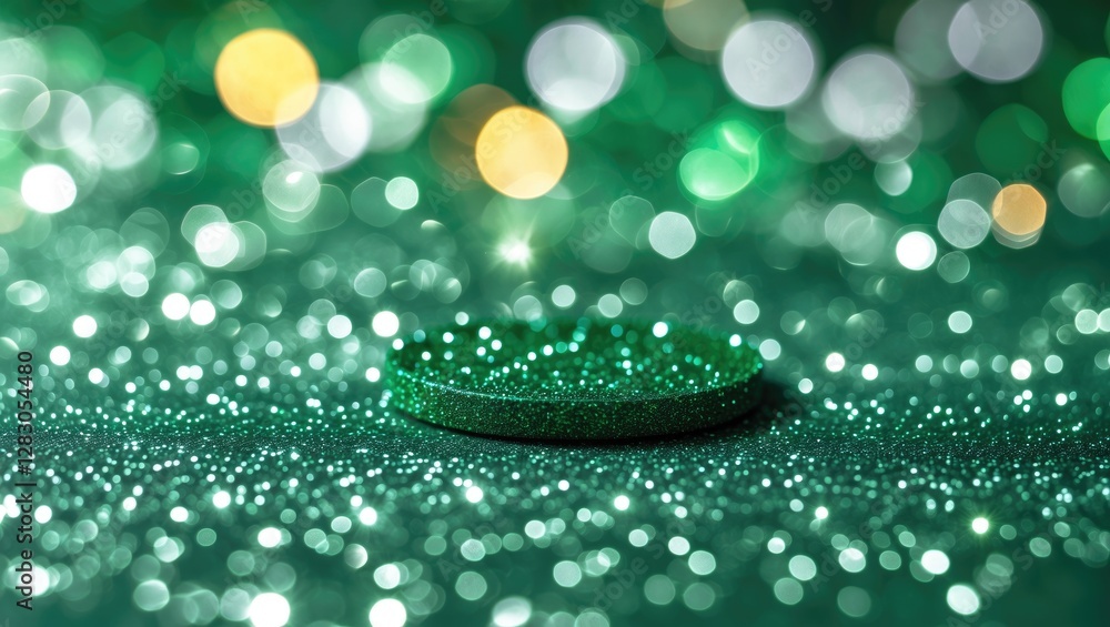 Poster green glitter background with bright bokeh lights and a focused circular glitter element in the cent
