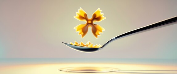Farfalle pasta floating above a silver spoon with soft gradient background and subtle reflections on the surface
