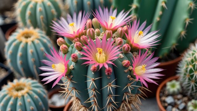 Vibrant Notocactus scopa displaying stunning flowers and intricate thorns, perfect for showcasing unique desert flora in a botanical setting.