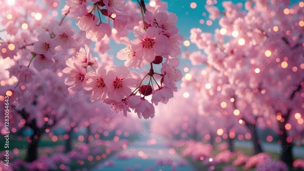 Aufkleber cherry blossom trees in soft pink bloom with a dreamy bokeh background creating a serene and enchant