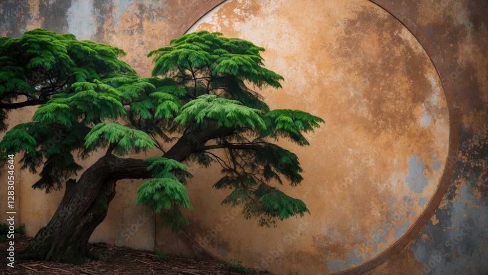 Poster camphor tree against a textured round background creating a serene and harmonious natural aesthetic 