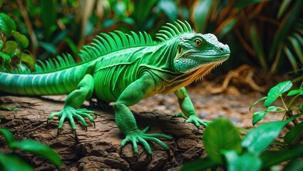 Obraz premium Green iguana perched on rocky surface surrounded by lush tropical foliage exhibiting vivid color and detailed texture in natural habitat.