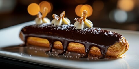 Dark Chocolate Eclair with Sea Salt and Decorative Toppings