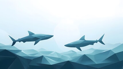 Fototapeta premium Two sleek sharks swimming gracefully, underwater scene showcasing marine life, tranquility of ocean depths, room for text.