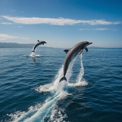 A pair of dolphins leaping out of the water near a boat, set against a bright blue sky.