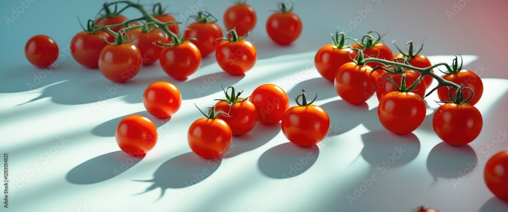 Poster vibrant cherry tomatoes arranged on a white surface casting long shadows creating a fresh and appeti