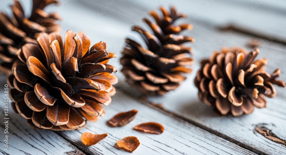Poster rustic brown pine cones arranged on a weathered white wooden surface with a blank space for text or 