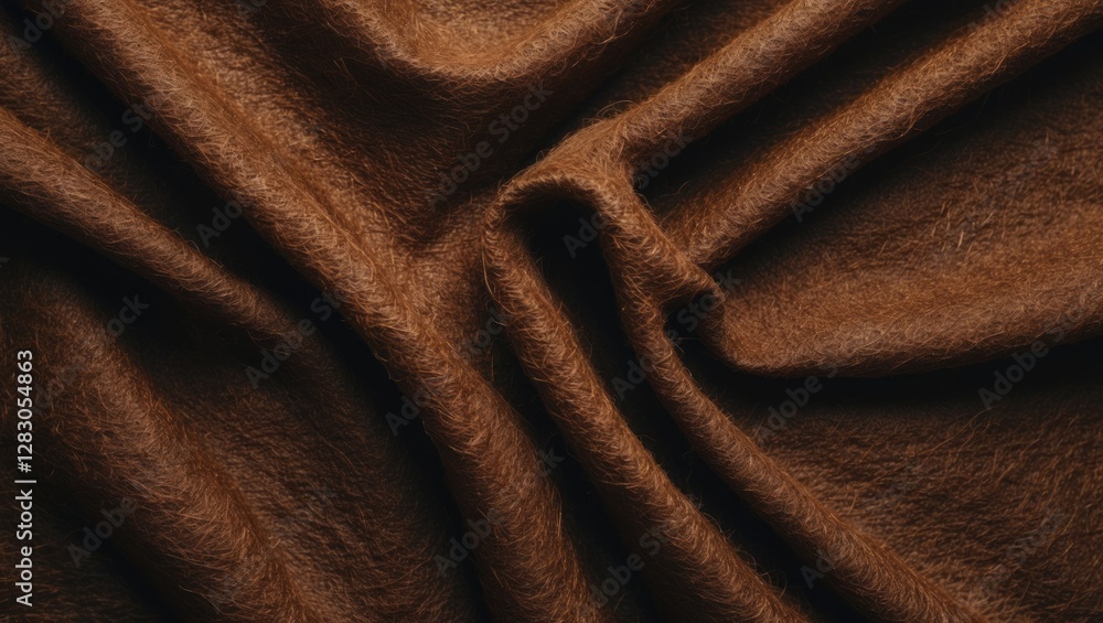 Poster close-up of textured brown fabric with soft folds and shadows in a warm lighting setting