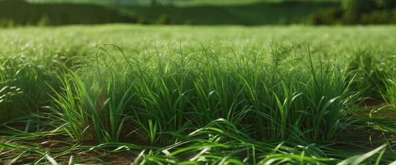 Fototapeta premium Lush green grass field close-up under natural sunlight with blurred background of rolling hills and a clear sky