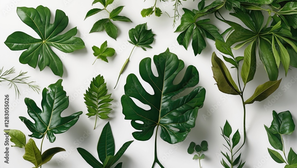 Poster assorted tropical green leaves on a white background displaying various shapes and sizes for botanic
