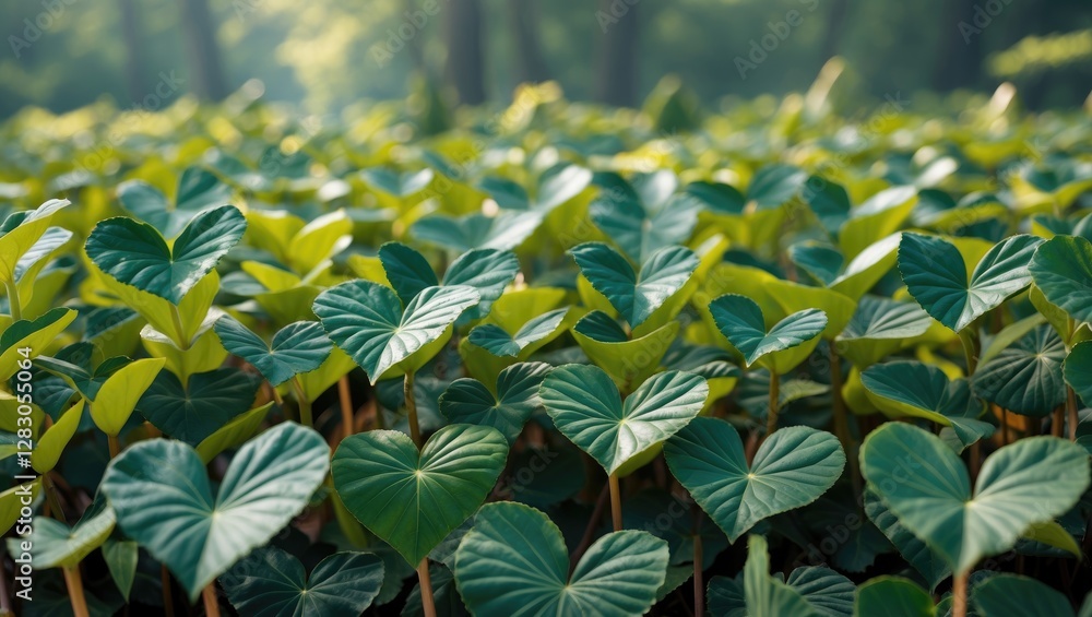 Aufkleber dense green foliage with heart-shaped leaves in a natural setting with soft sunlight filtering throu