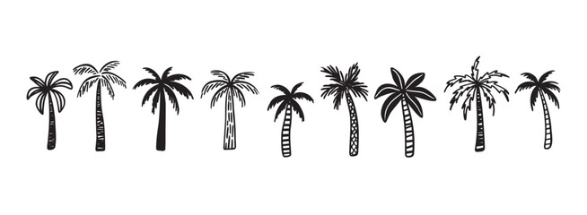 Palm tree tropical nature, vegetation doodle hand drawn icon set. Outline drawing palm tree tropical nature, vegetation line clipart symbol collection © Yanka