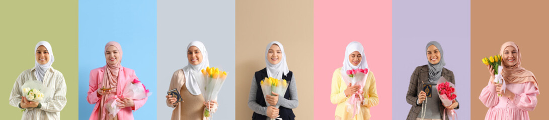 Set of Muslim women with flowers on color background