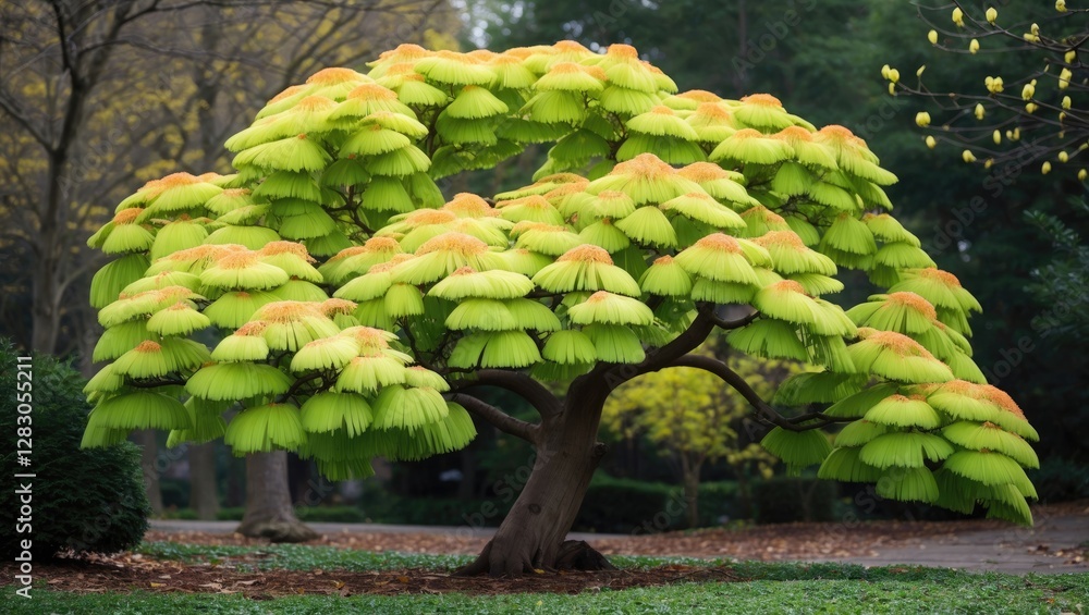 Aufkleber vibrant green tree with dense foliage and round canopy in a park setting during springtime with blur