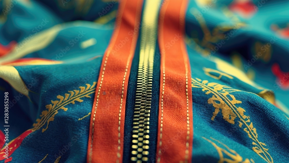 Poster colorful canvas fabric with intricate patterns featuring a prominent zipper strip for textile design