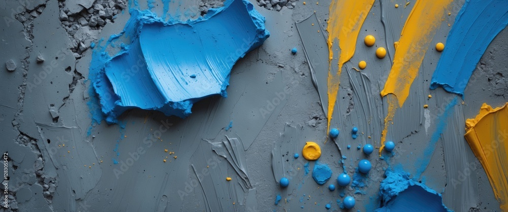 Poster blue and yellow paint splashes and textures on a gray background creating an abstract artistic compo