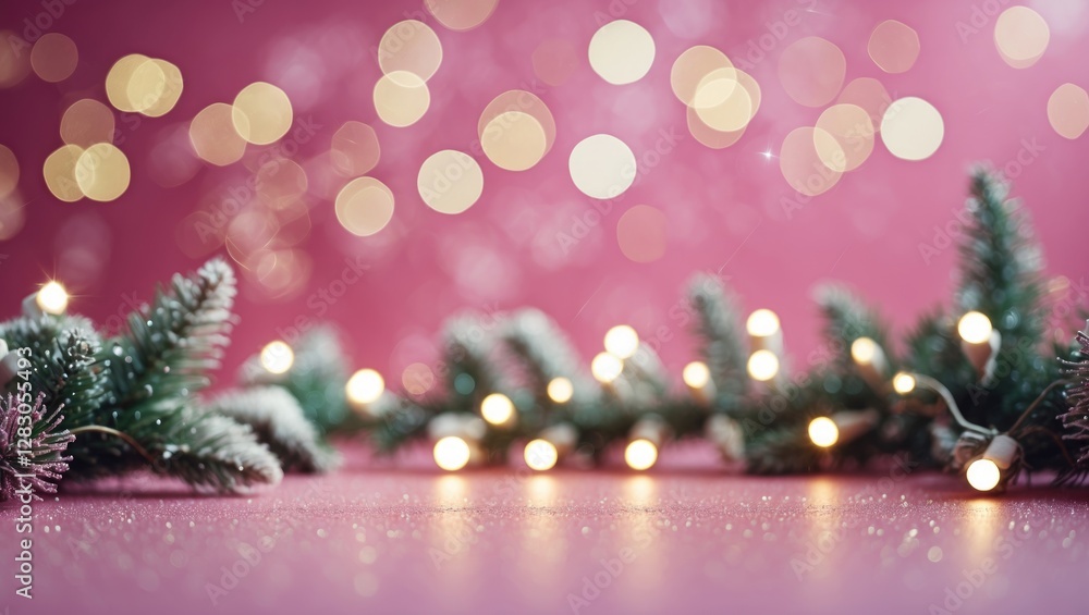 Poster sparkling bokeh lights on a pink background with holiday garland creating a festive atmosphere perfe