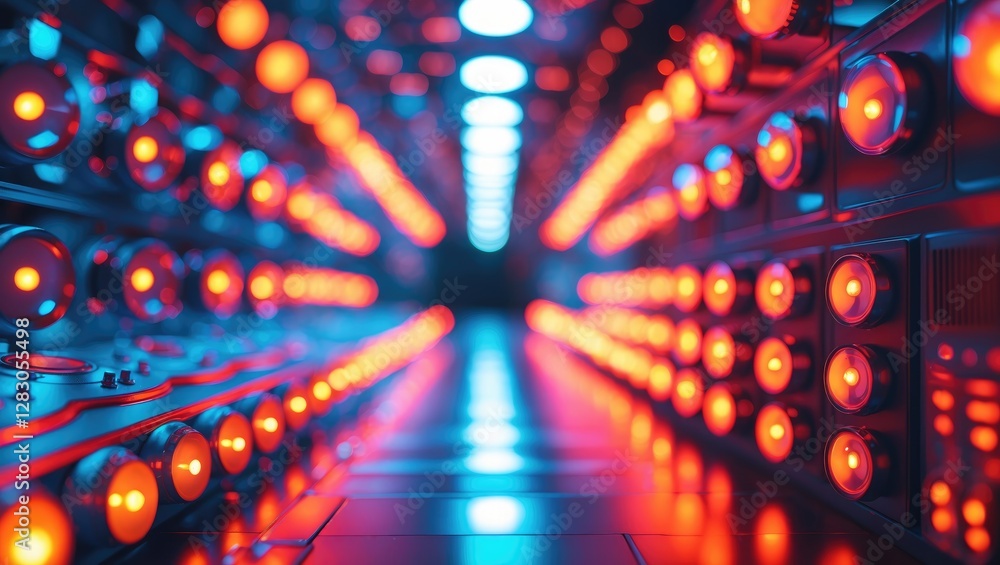 Poster abstract led light tunnel with vibrant red and blue dots creating a futuristic atmosphere, emphasizi