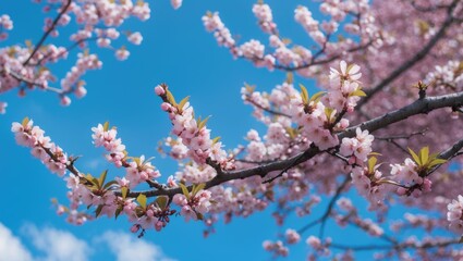 Cherry blossom branches in full bloom against a clear blue sky creating a serene and vibrant springtime atmosphere.