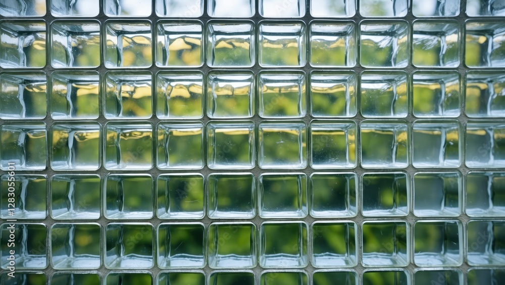 Poster textured glass block wall with green foliage blurred in the background creating a modern architectur