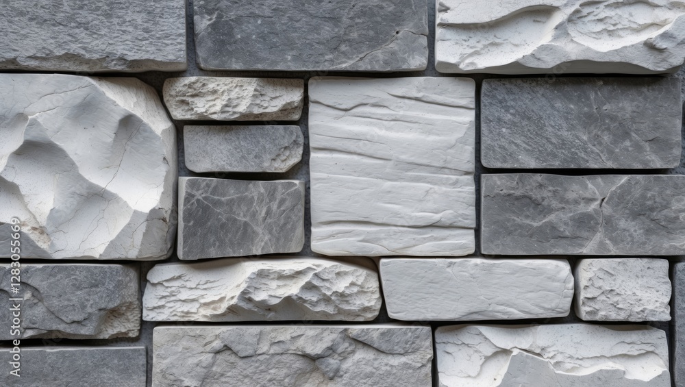 Poster gray and white textured stone wall consisting of various shapes and sizes of stones arranged in a mo