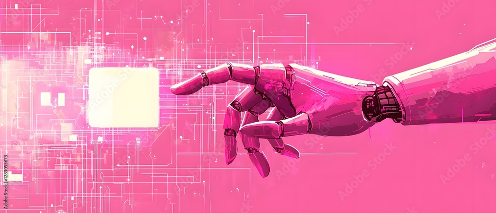 Poster cybernetic hand reaching for floating virtual interface in futuristic digital space
